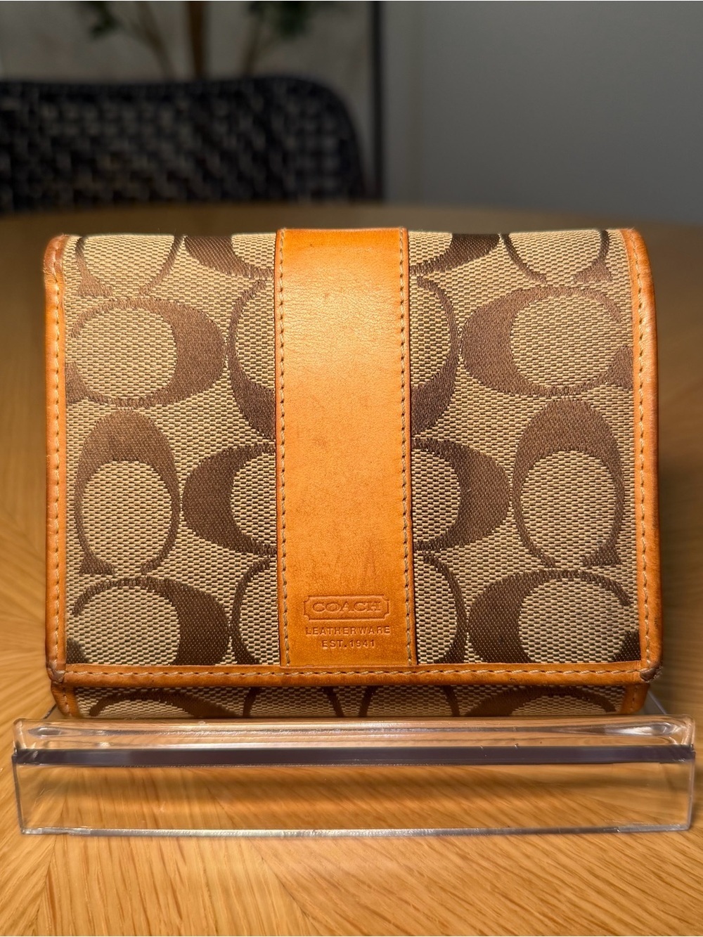 Coach Vachetta Leather Signature Canvas Trifold Wallet